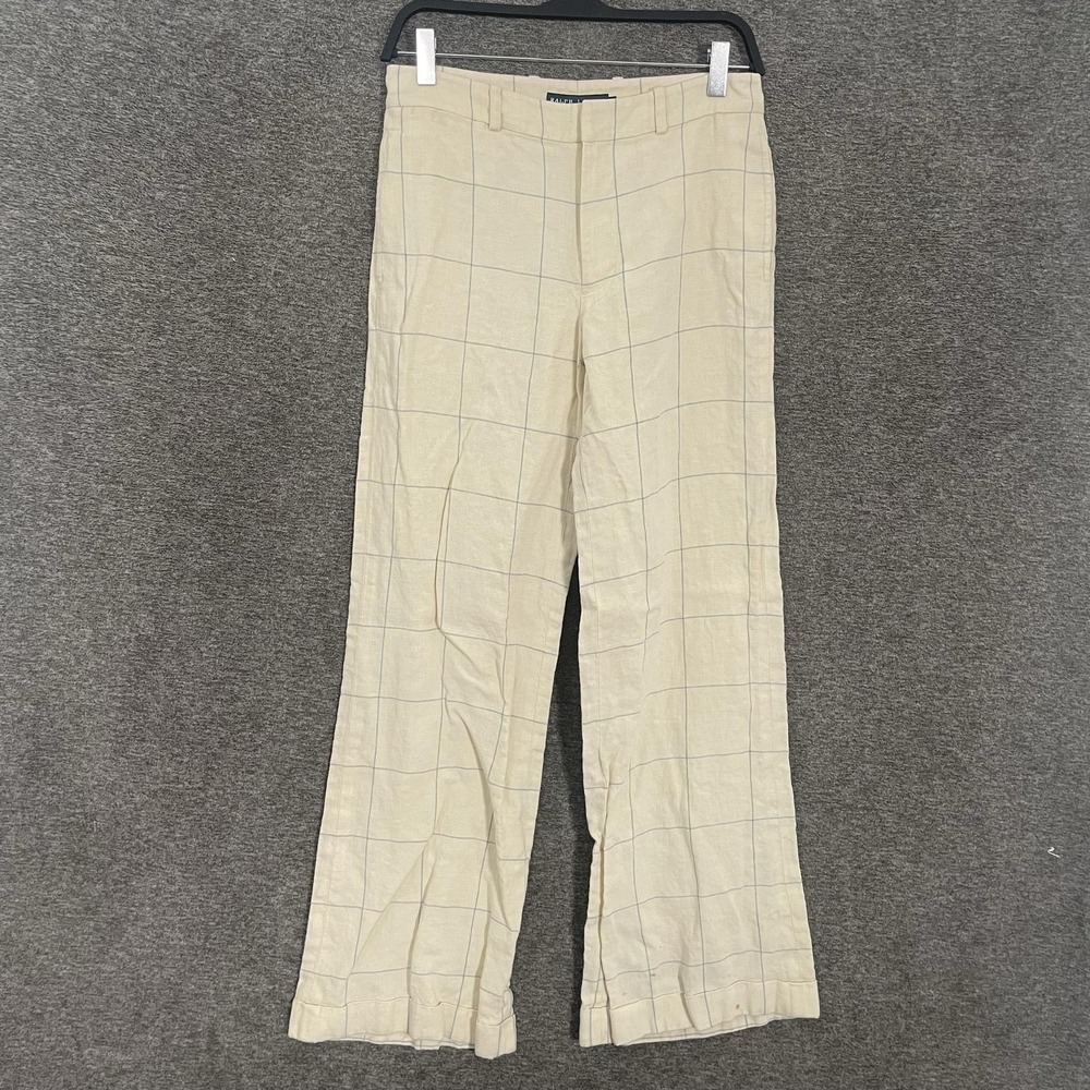 Ralph Lauren Dress Pants Womens 2 White Linen Silk Plaid Twill Lined Summer